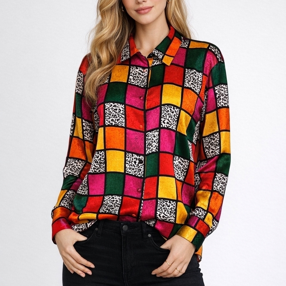 LAURA & JAYNE Colorful Satin Checkerboard Leopard Print Button Down Shirt